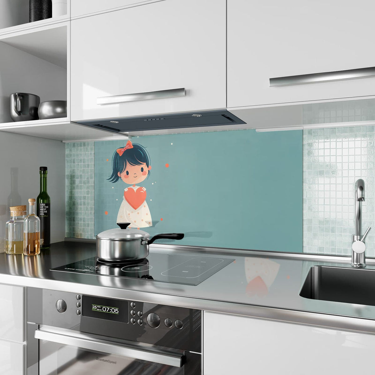 Küchenrückwand aus Glas Mädchen mit rotem Herz im Hochformat als Spritzschutz hinter dem Kochfeld, über dem Fliesenspiegel montiert