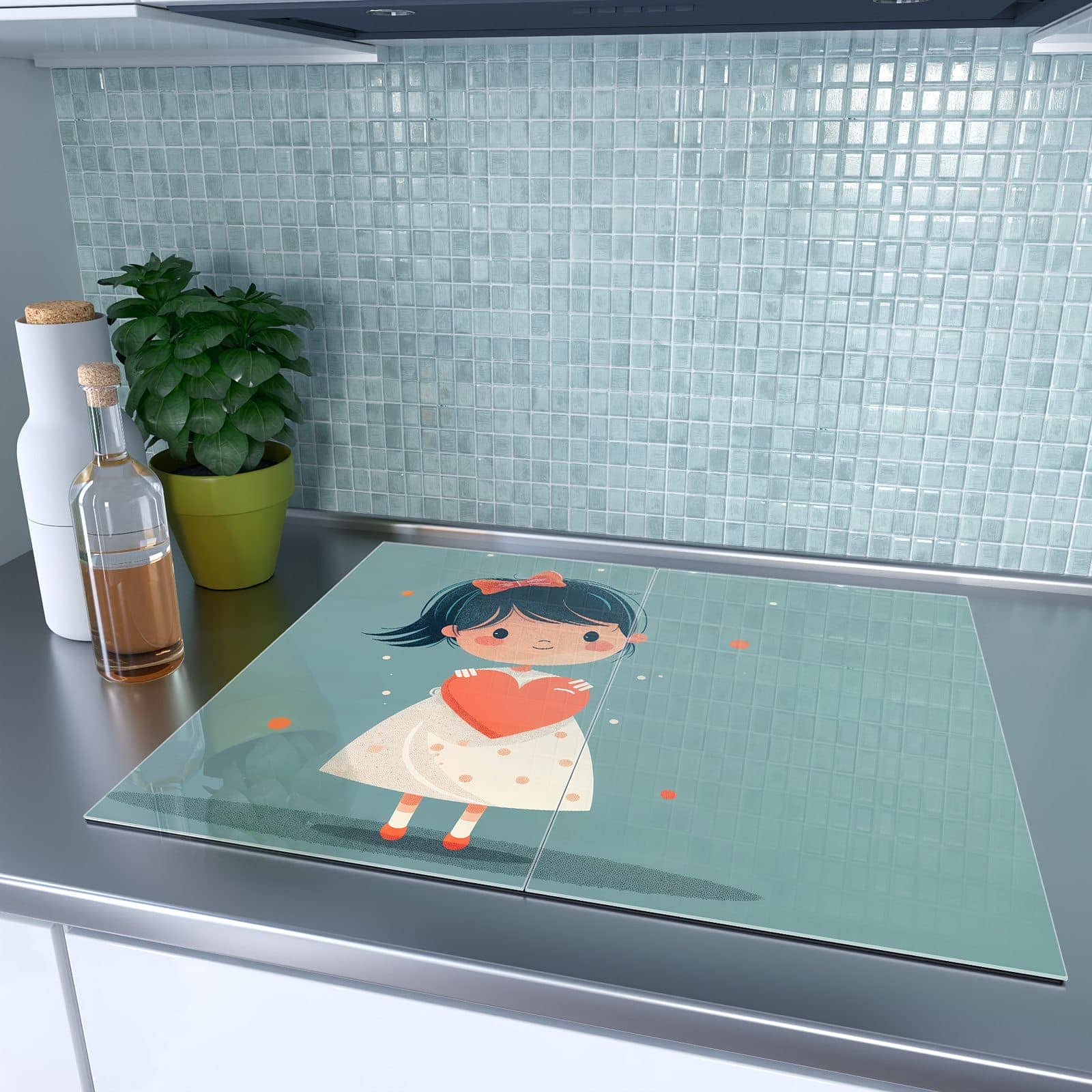 2-teilige Herdabdeckplatte mit Herzliches Mädchen-Motiv auf dem Ceranfeld