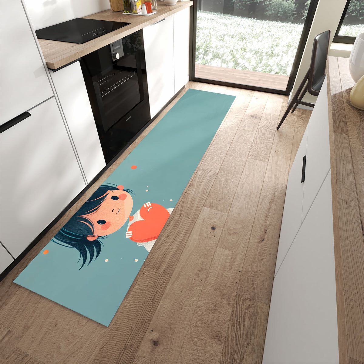 Geruchsneutraler Küchenteppich mit Motiv Herzliches Mädchen in moderner Küche