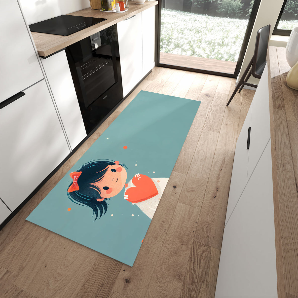Pflegeleichter Teppich für die Küche mit Motiv Herzliches Mädchen in moderner Küche