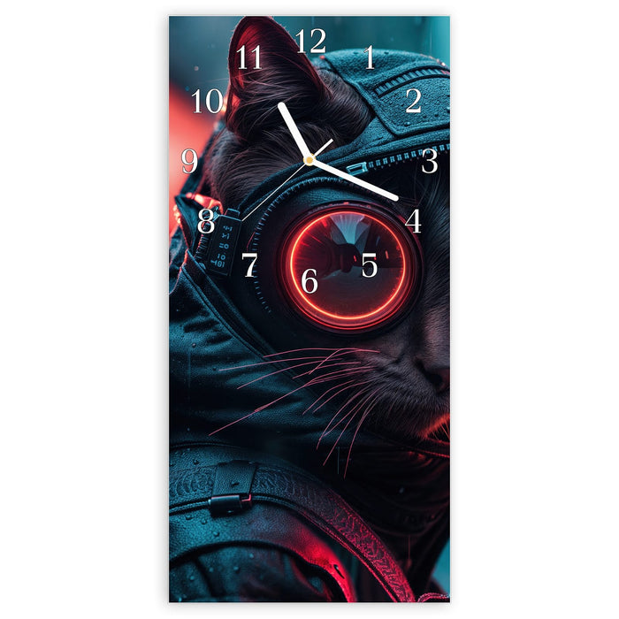 Wanduhr Cyber Katze aus Glas – Hochformat 30 × 60 cm mit Ziffernblatt Klassisch