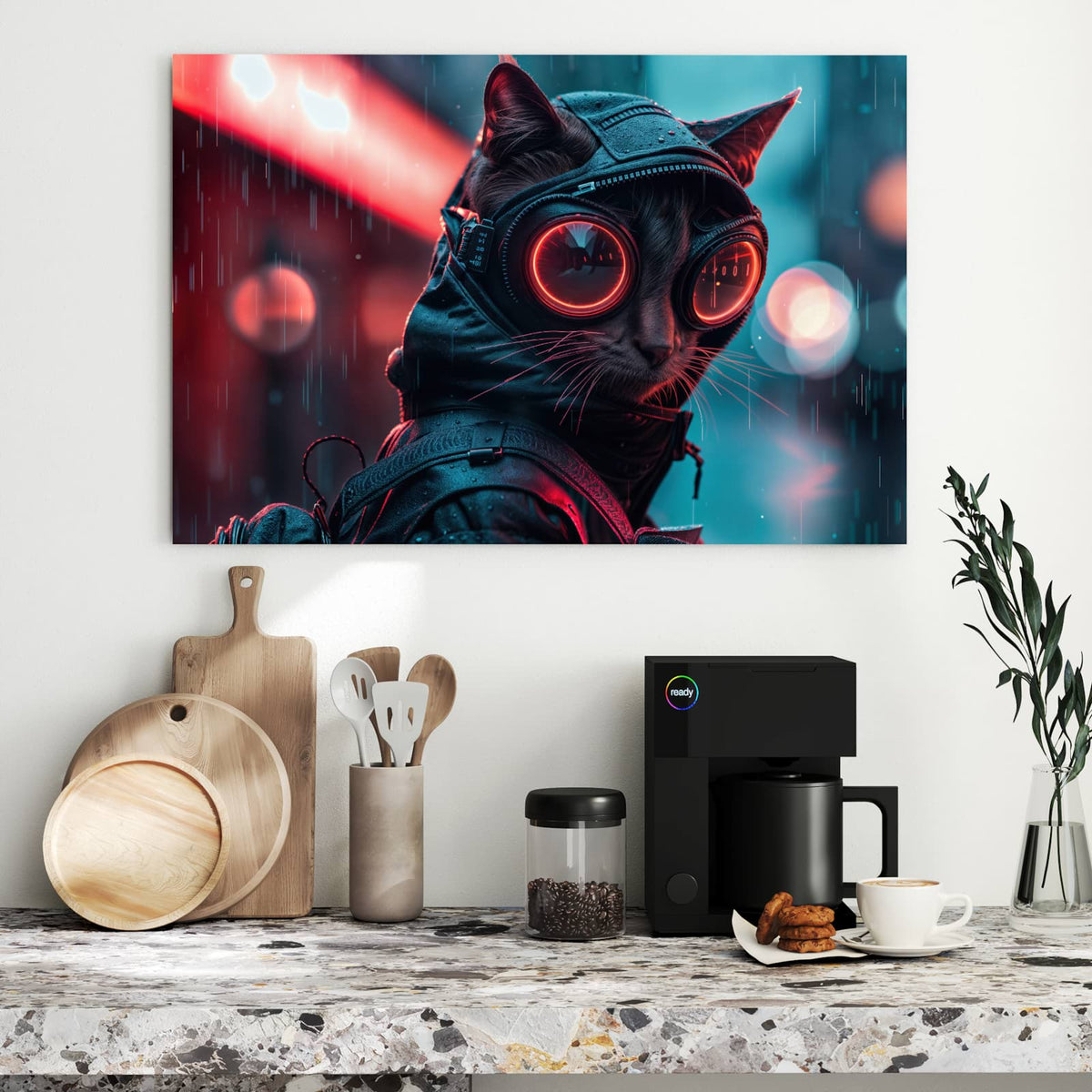 Metall Magnettafel - Katze im Neonregen – Katze mit roter Cyberbrille