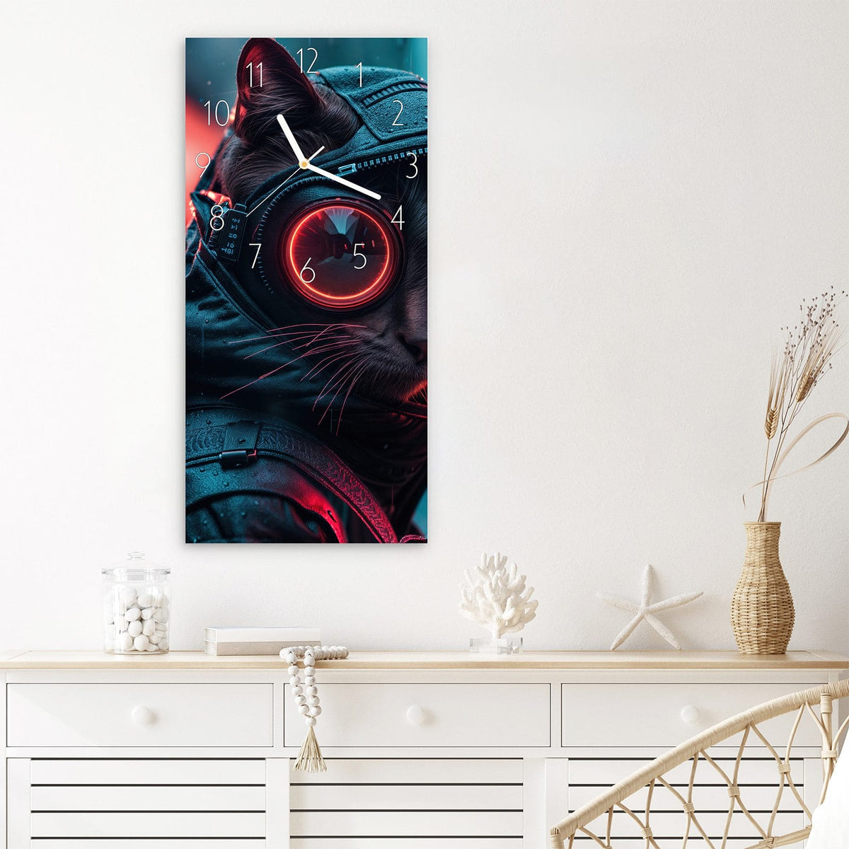 Wanduhr Cyber Katze aus Glas – Katze mit roter Cyberbrille