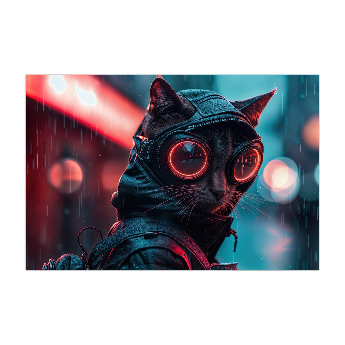 Küchenrückwand aus Glas Katze im Neonregen im Hochformat, Motiv bildfüllend von vorn