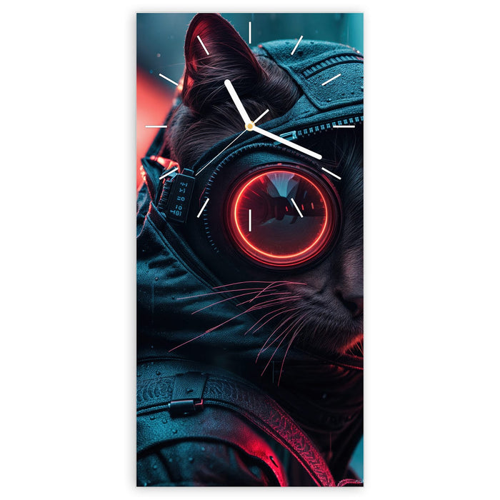 Wanduhr Cyber Katze aus Glas – Hochformat 30 × 60 cm mit Ziffernblatt Linie