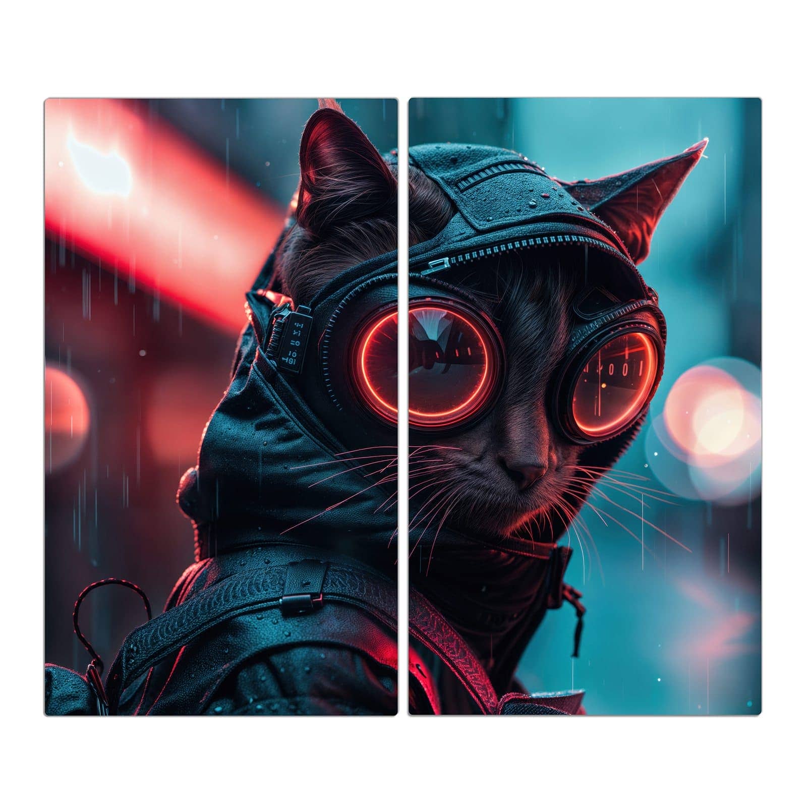 2-teilige Herdabdeckplatten für Ceranfeld mit Cyber Katze-Motiv in der Frontansicht #grösse_2-Teilig (60x52cm)