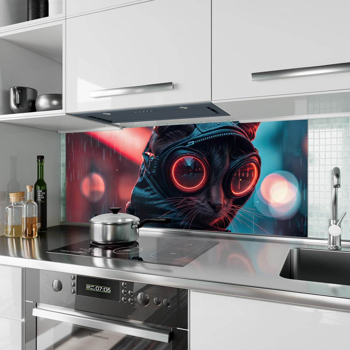 Küchenrückwand aus Glas Katze im Neonregen im Hochformat als Spritzschutz hinter dem Kochfeld, über dem Fliesenspiegel montiert