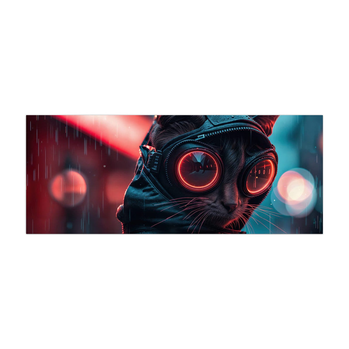 Küchenrückwand aus Glas Katze im Neonregen im Hochformat, Motiv bildfüllend von vorn