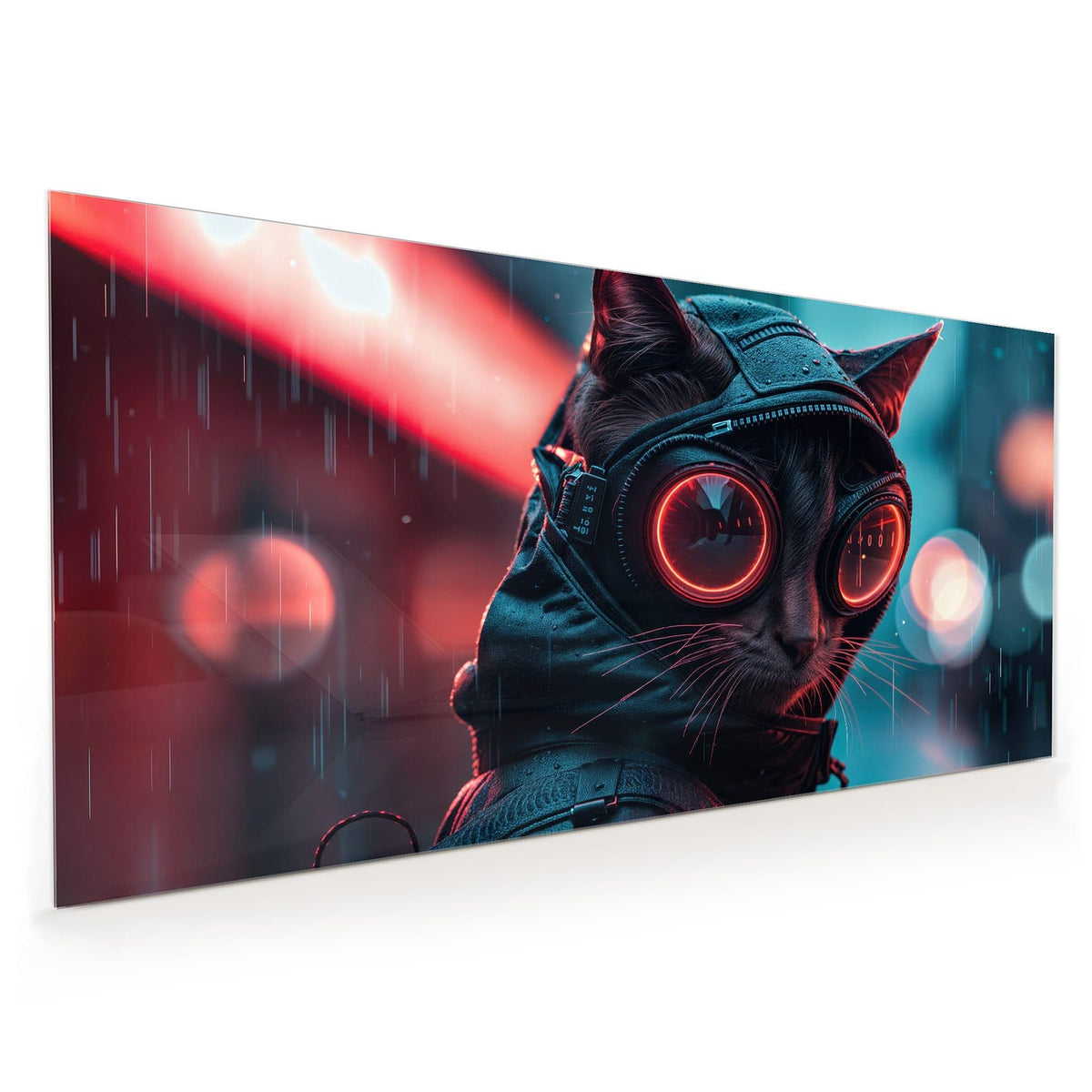 Küchenrückwand aus Glas im Hochformat mit Motiv Katze im Neonregen: Schwarze Katze mit Kapuze und rot leuchtender Rundbrille im Regen