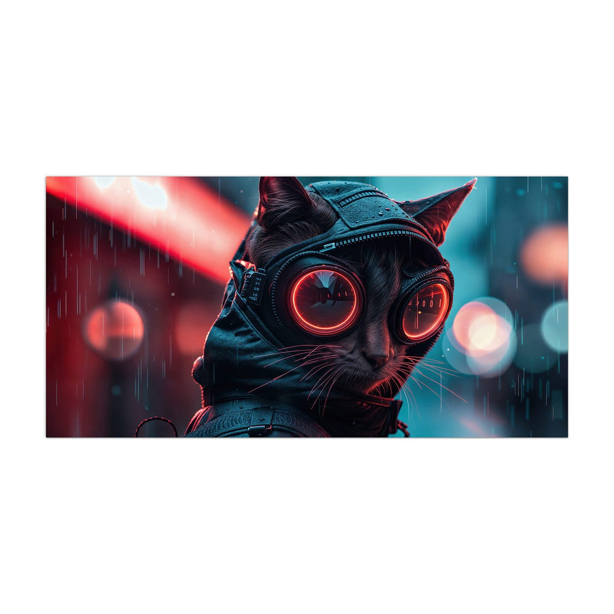 Küchenrückwand aus Glas Katze im Neonregen im Hochformat, Motiv bildfüllend von vorn