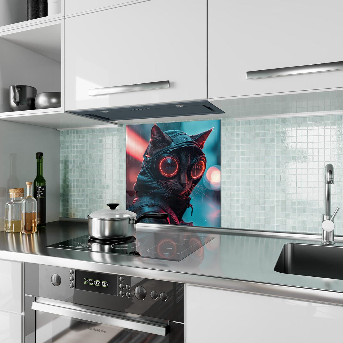 Küchenrückwand aus Glas Katze im Neonregen im quadratischen Format als Spritzschutz hinter dem Kochfeld, über dem Fliesenspiegel montiert