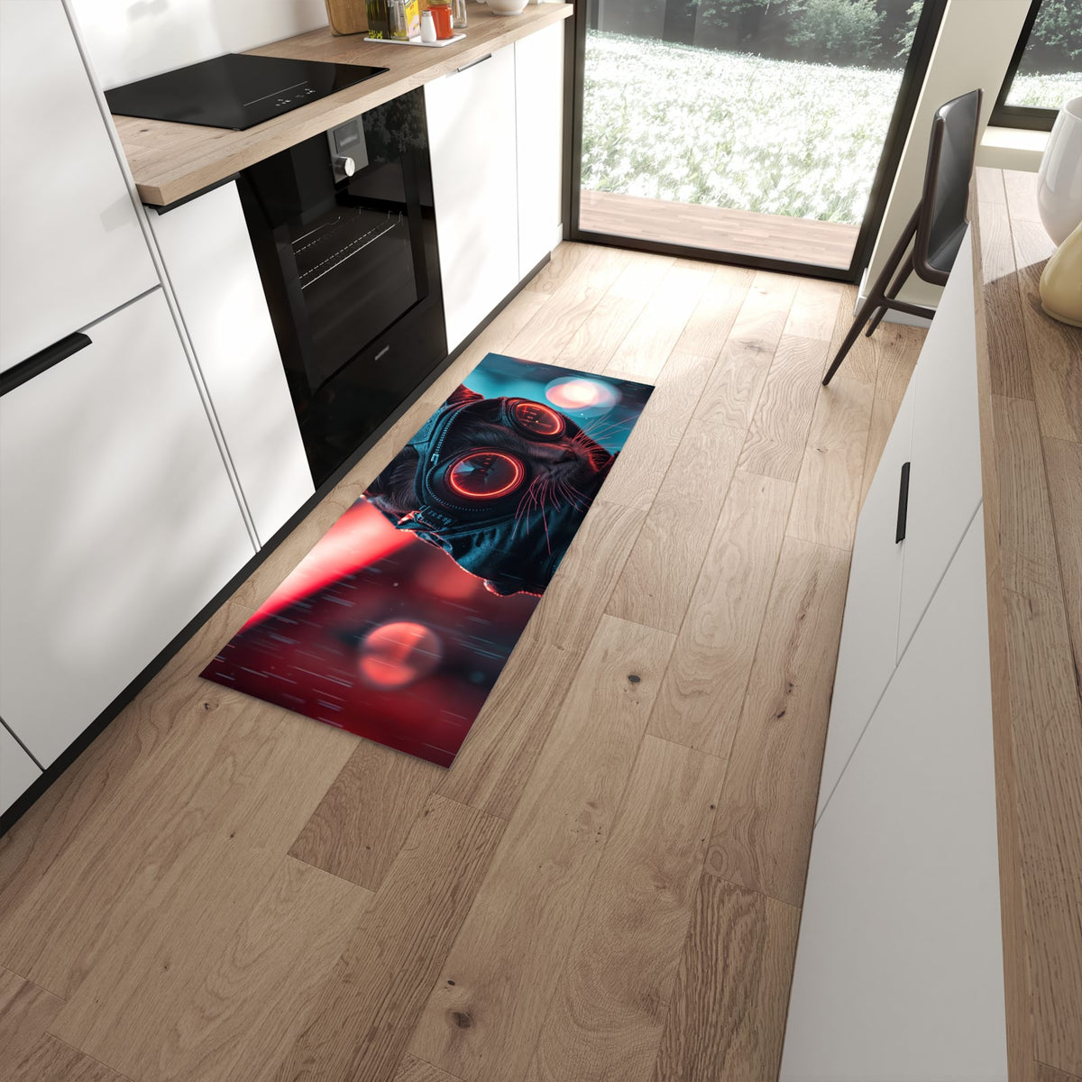 Rutschfester Küchenteppich mit Motiv Cyber Katze in moderner Küche #grösse_60 x 150 cm