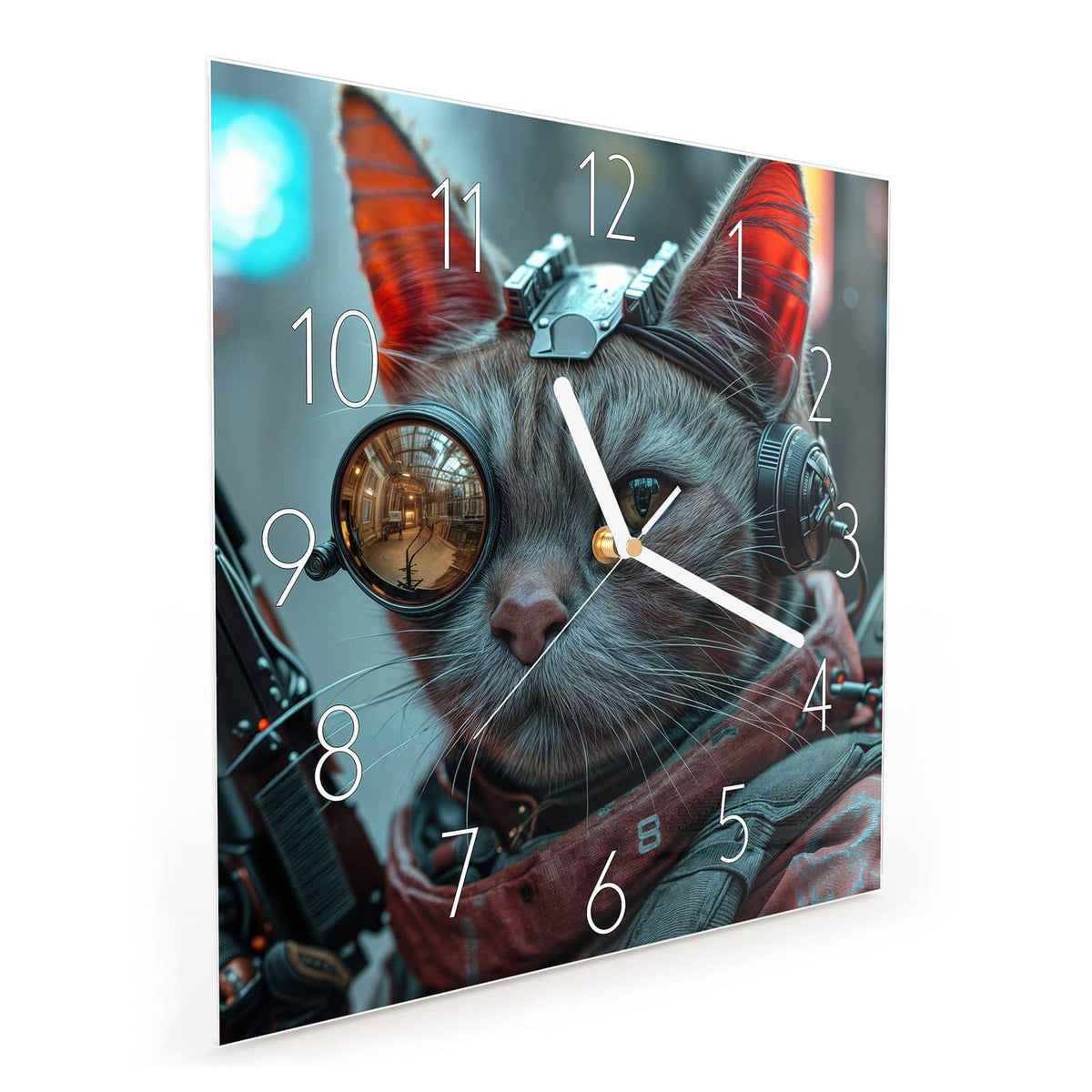 Quadratische Wanduhr aus Glas Katze mit Fliegerbrille schräg von der Seite, 4 mm starkes Glas