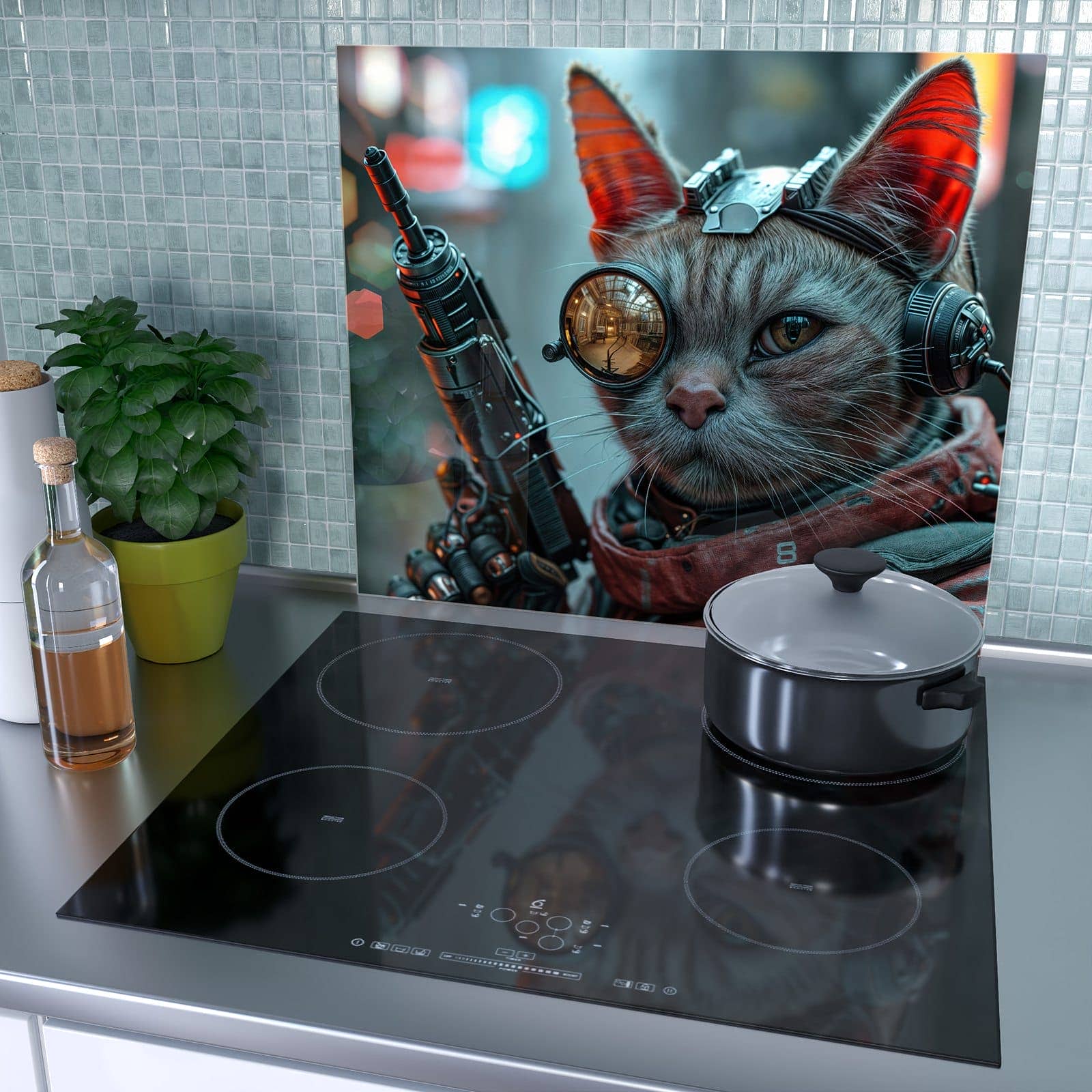 1-teilige Herdabdeckplatte mit Cyberkatze-Motiv als Spritzschutz hinter dem Kochfeld
