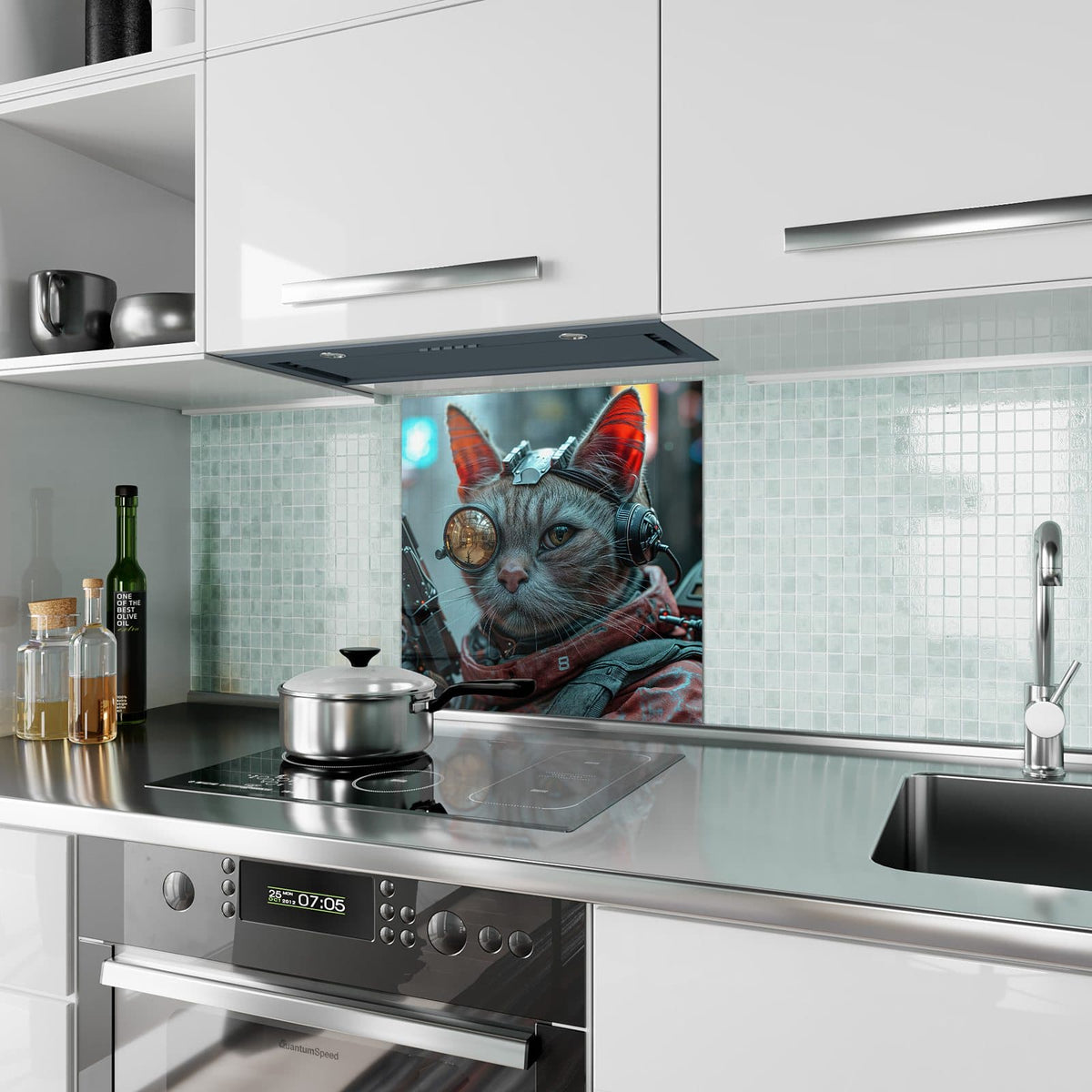 Küchenrückwand aus Glas Katze mit Fliegerbrille im quadratischen Format als Spritzschutz hinter dem Kochfeld, über dem Fliesenspiegel montiert