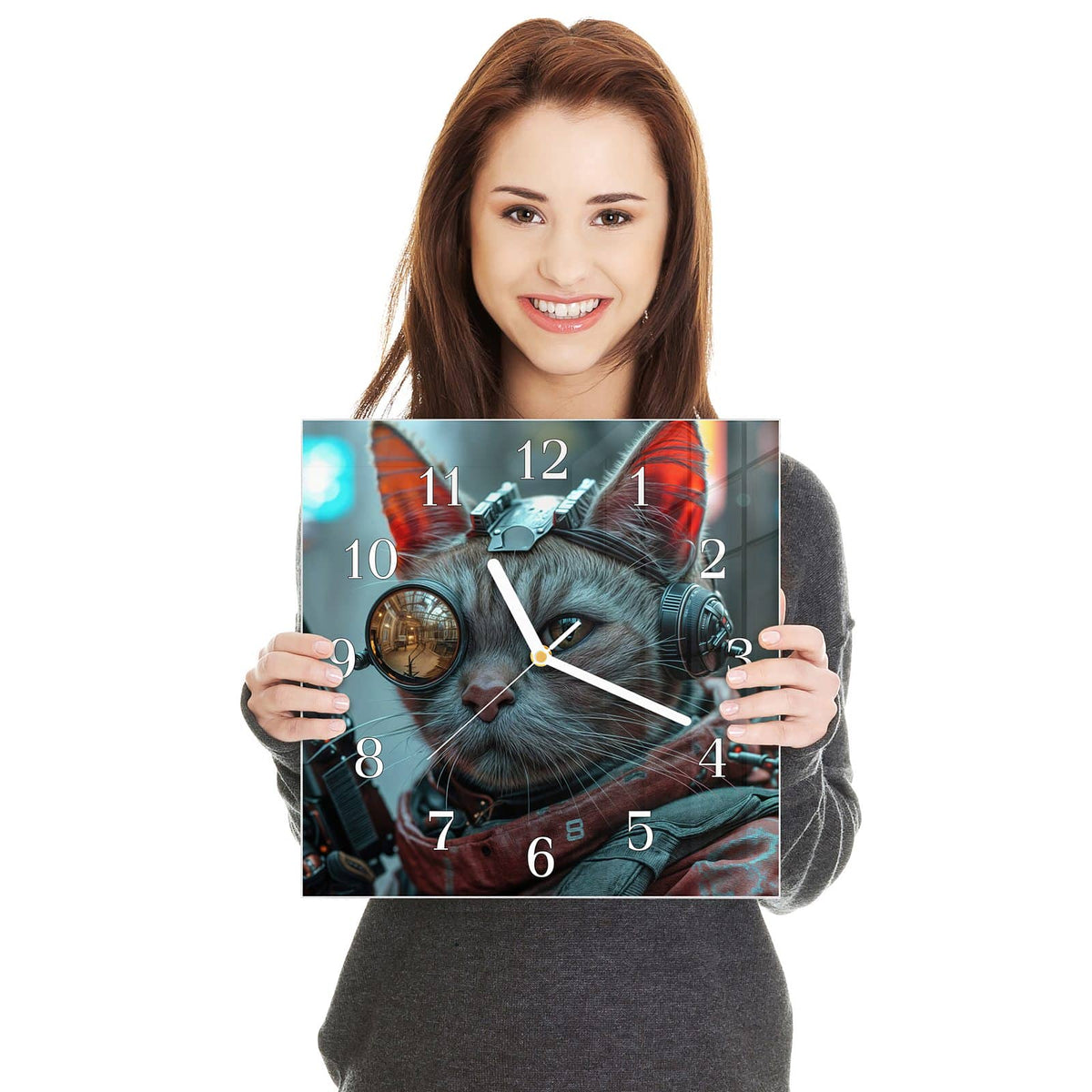 Quadratische Wanduhr aus Glas Katze mit Fliegerbrille in zwei Händen gehalten – Größenvergleich, 30 × 30 cm