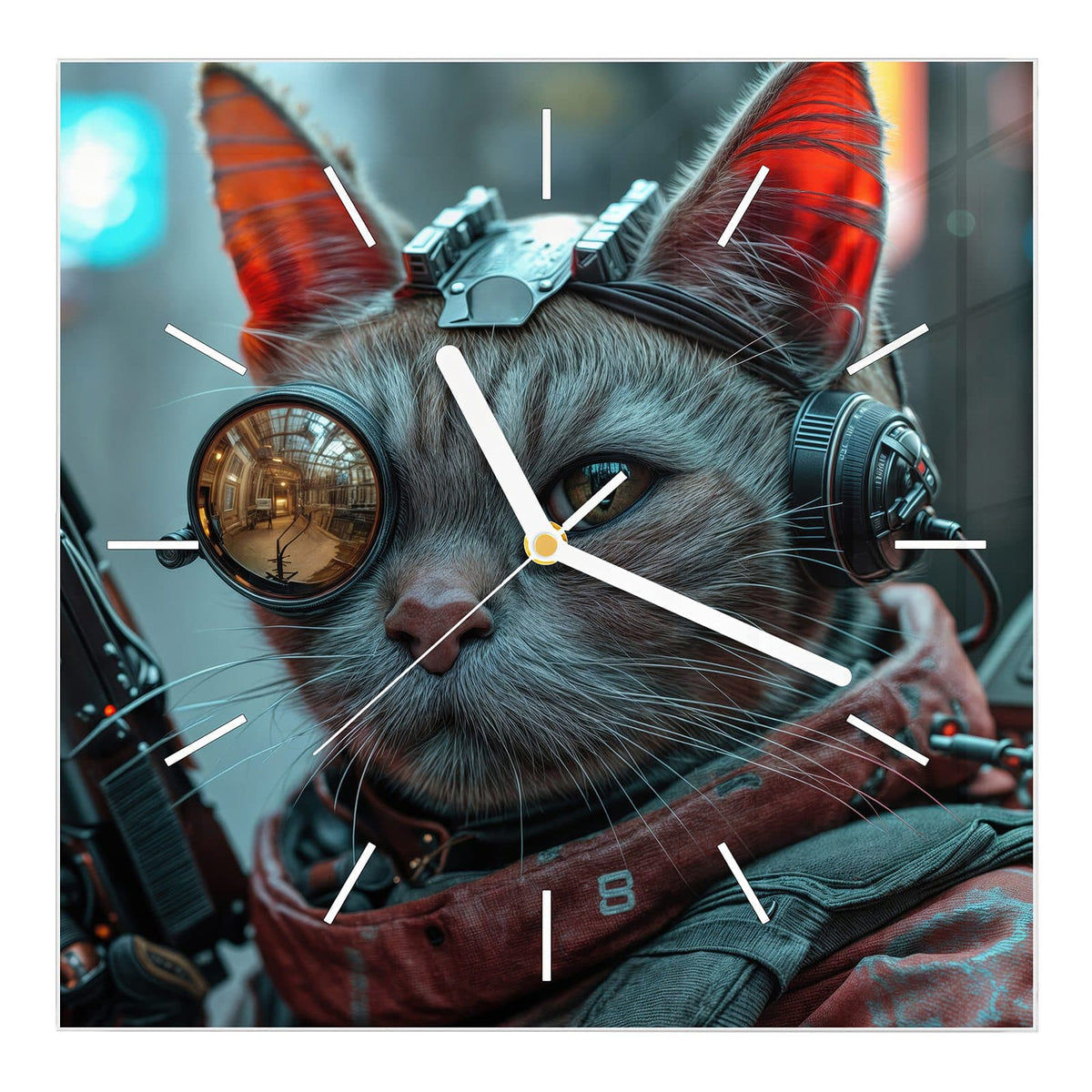 Wanduhr aus Glas, Ziffernblatt Linie: Getigerte Katze mit messingfarbener Fliegerbrille, Headset und rotem Tuch; links ragt ein Gewehrlauf ins Bild