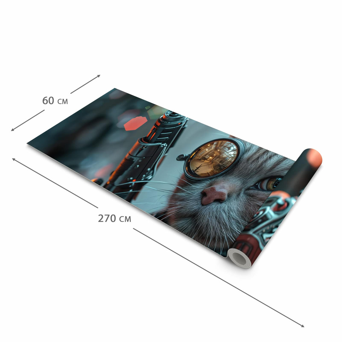 Waschbarer Teppich für Esstisch mit Motiv Cyberkatze in der Größe 80x300 cm