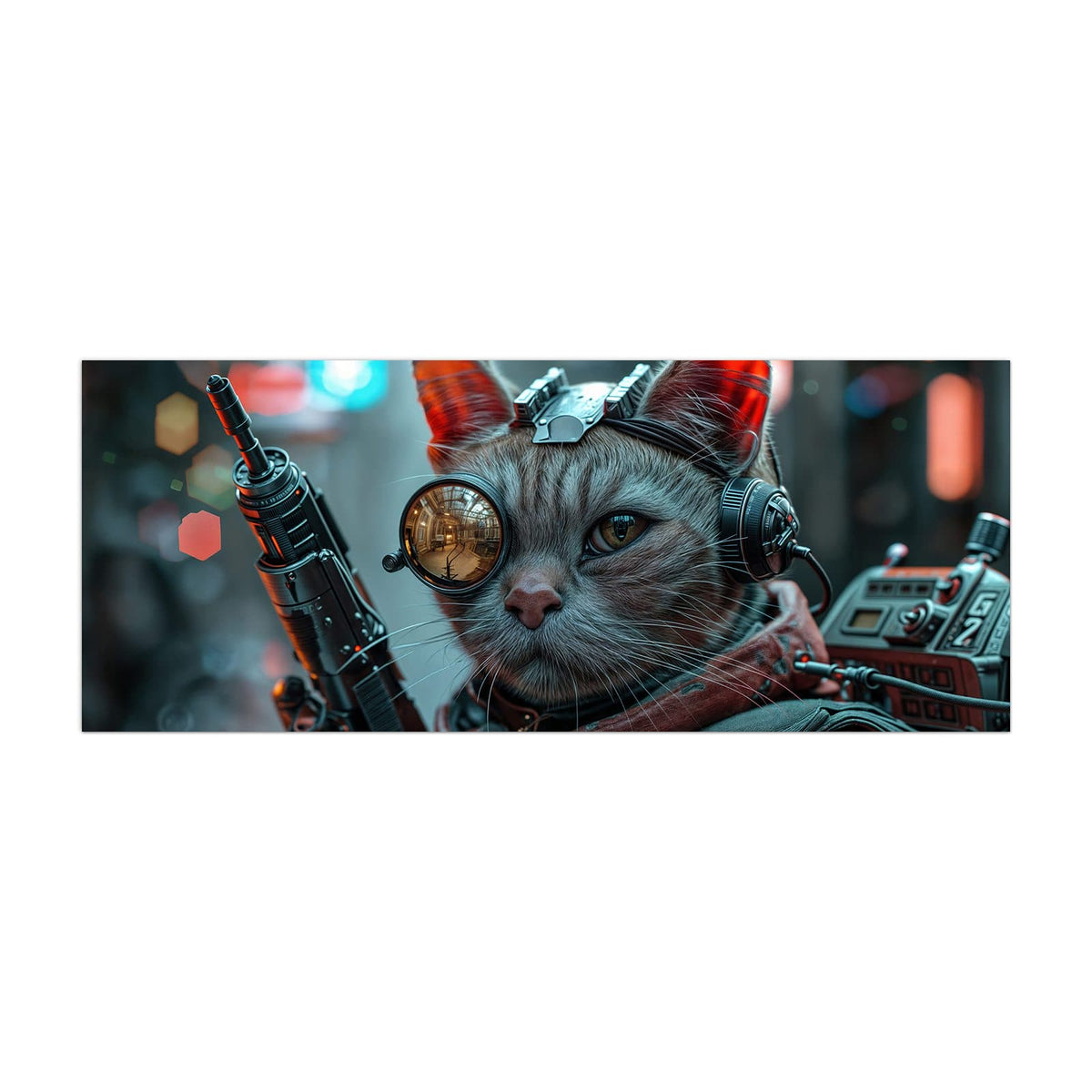 Küchenrückwand aus Glas Katze mit Fliegerbrille im Hochformat, Motiv bildfüllend von vorn