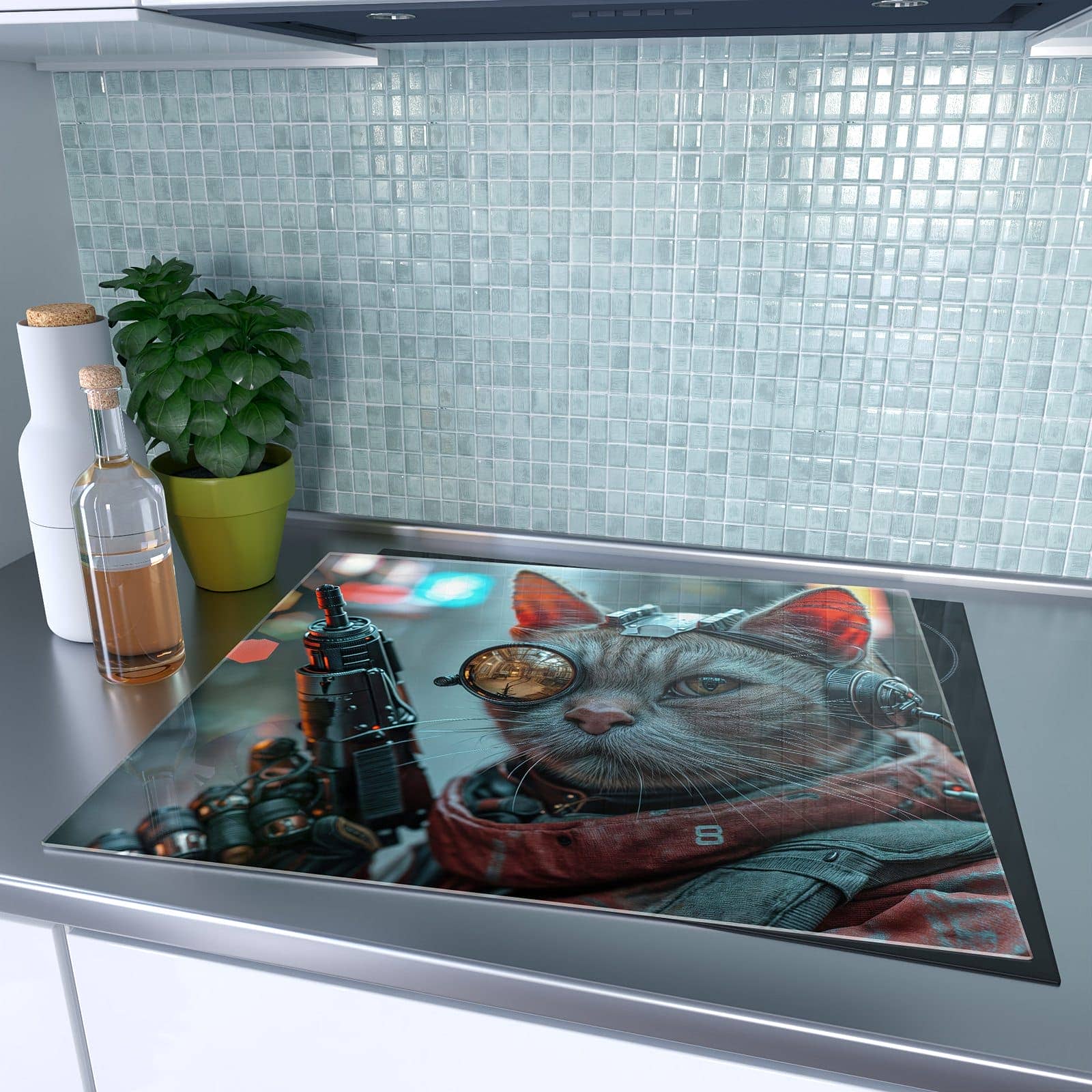 1-teilige Herd Schutzplatte mit Cyberkatze-Motiv auf dem Ceranfeld