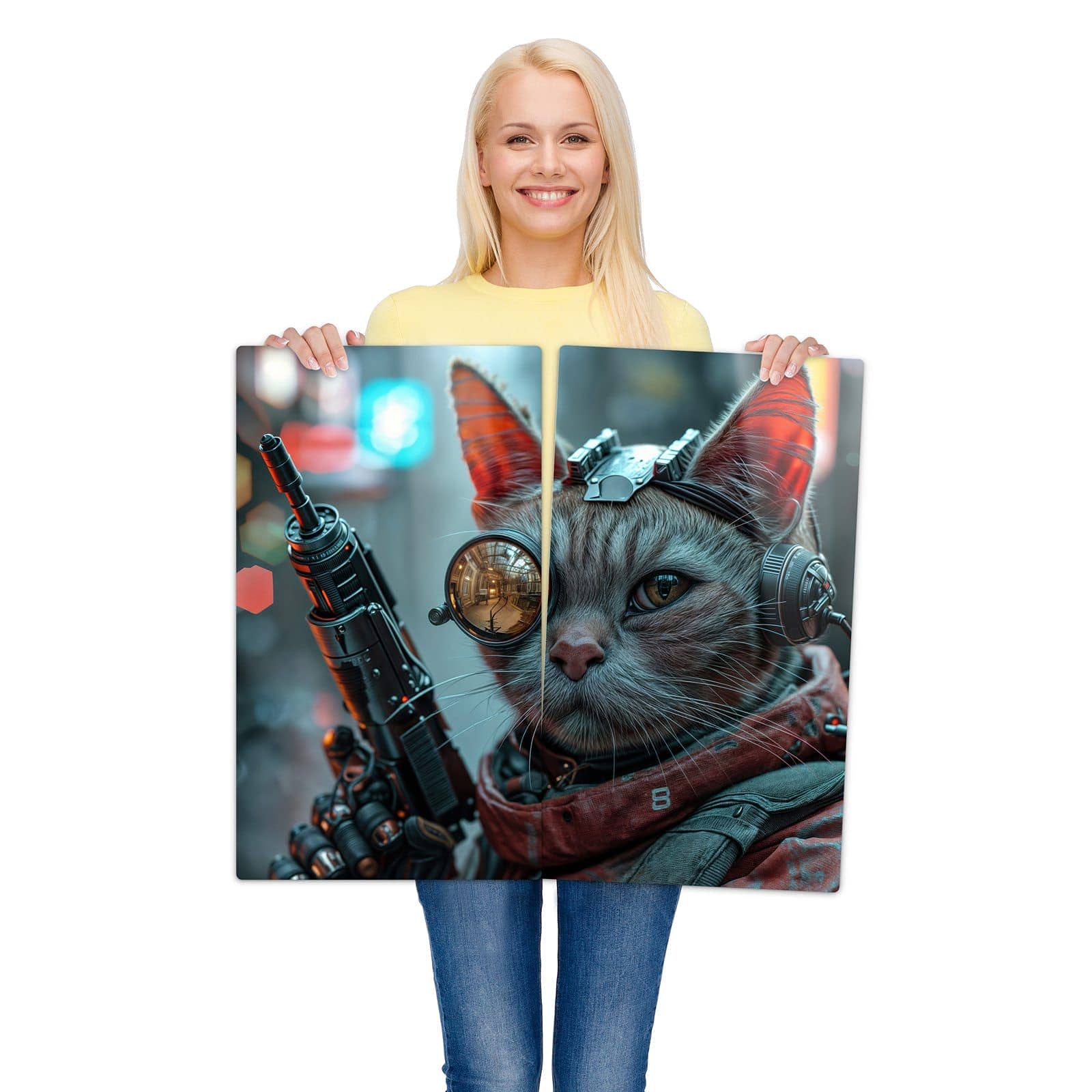 2-teilige Herdabdeckplatte mit Cyberkatze-Motiv wird zur Größendarstellung gehalten