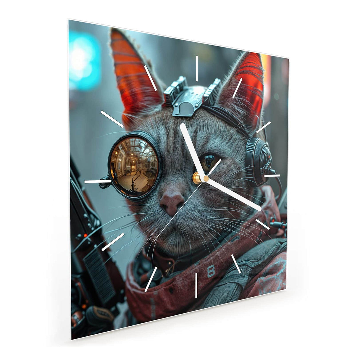 Quadratische Wanduhr aus Glas Katze mit Fliegerbrille schräg von der Seite, 4 mm starkes Glas