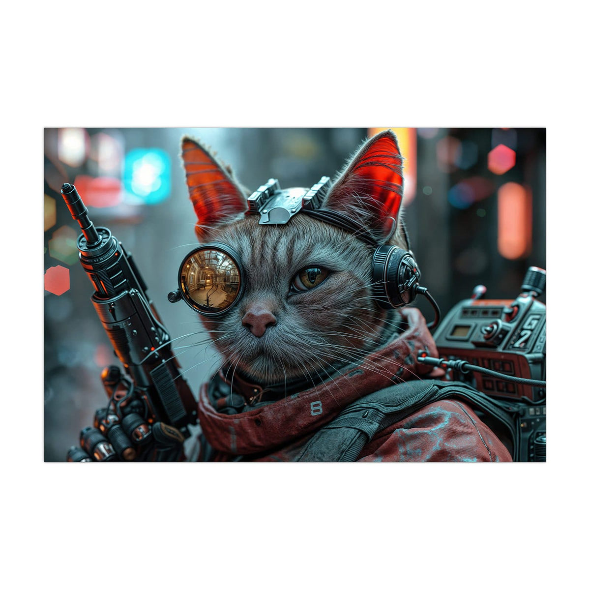 Küchenrückwand aus Glas Katze mit Fliegerbrille im Hochformat, Motiv bildfüllend von vorn
