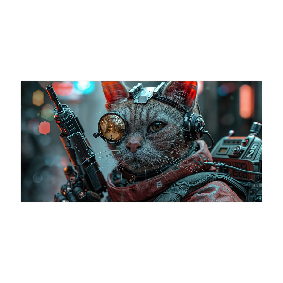 Küchenrückwand aus Glas Katze mit Fliegerbrille im Hochformat, Motiv bildfüllend von vorn