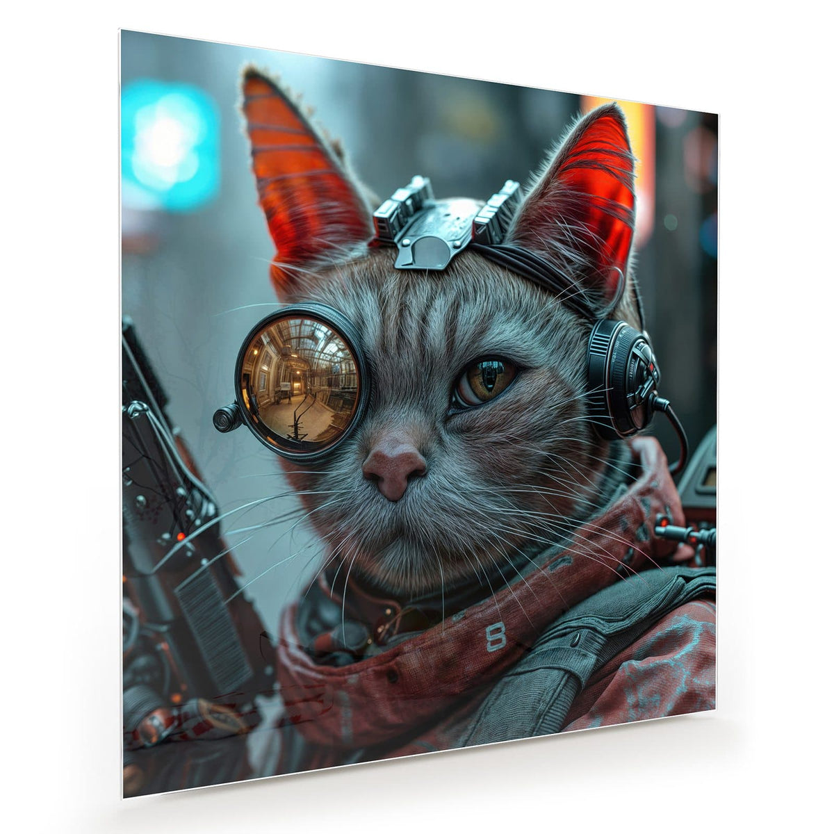 Getigerte Katze mit messingfarbener Fliegerbrille, Headset und rotem Tuch; links ragt ein Gewehrlauf ins Bild