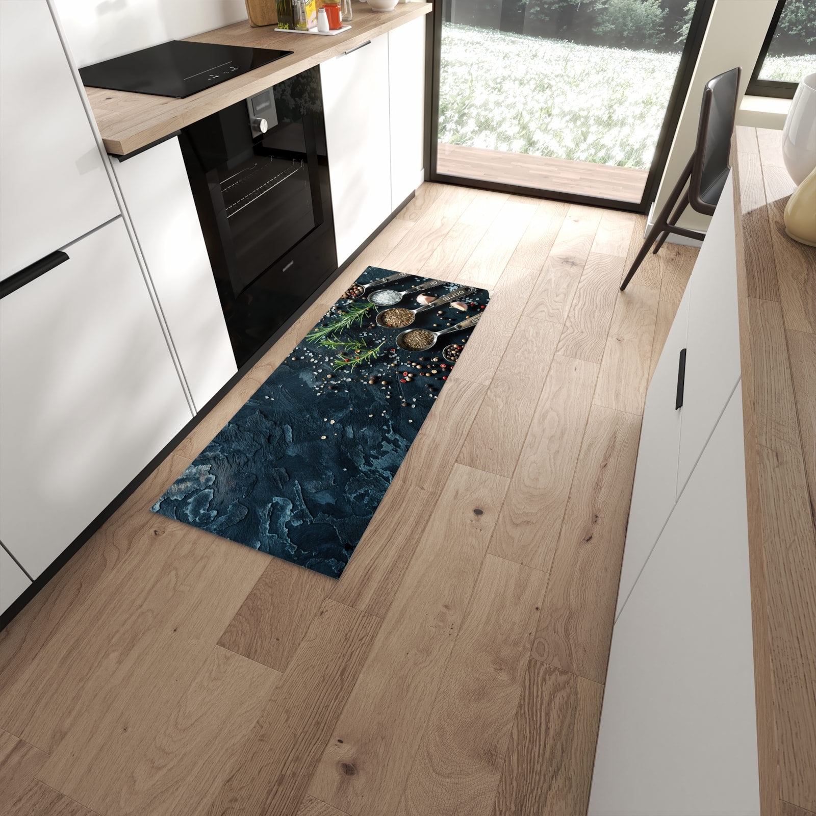 Waschbarer Küchenläufer mit Kräutersammlung-Motiv in moderner Küche, spart Zeit #grösse_60 x 150 cm