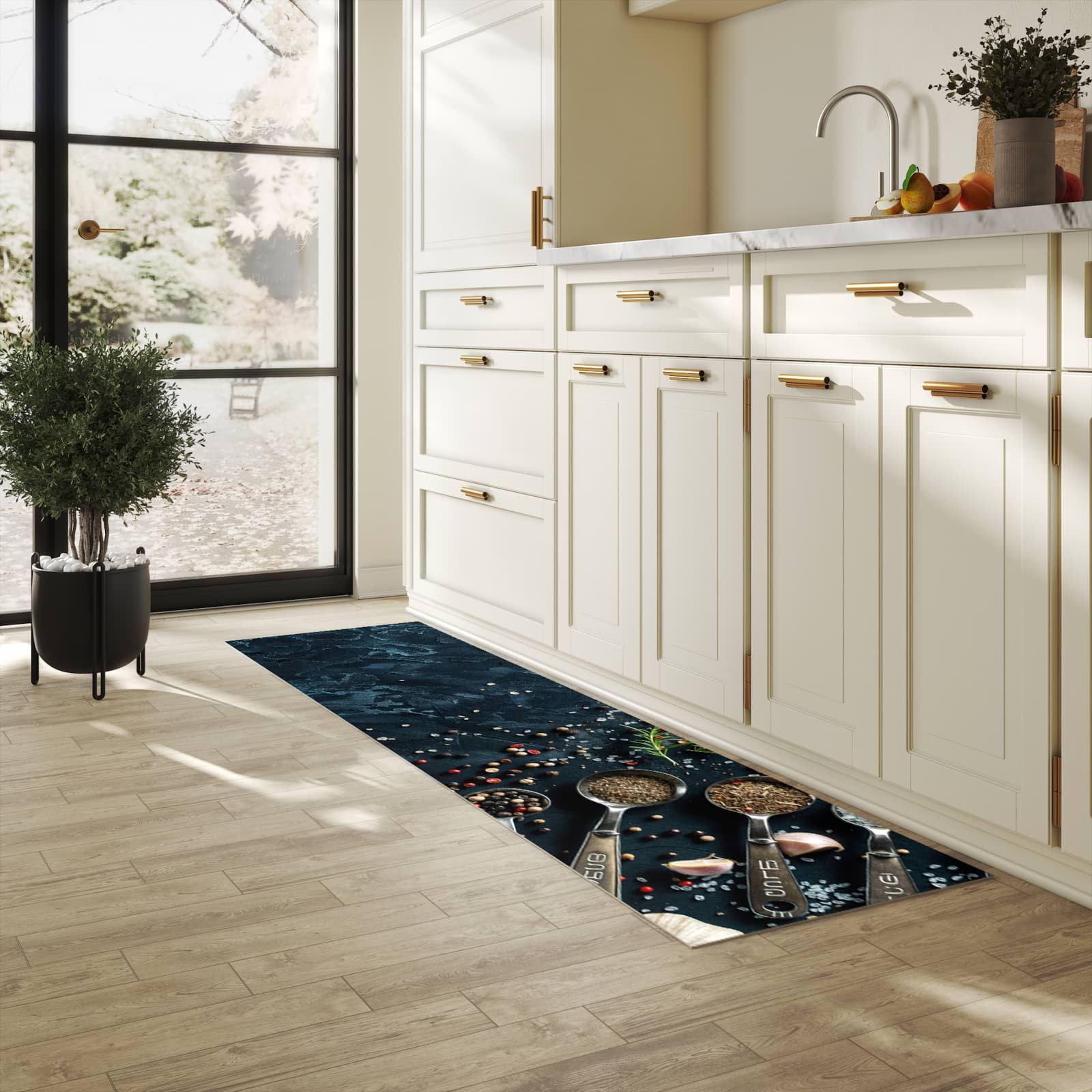 Geräuschdämpfender Küchenläufer mit Kräutersammlung-Motiv in der Küche