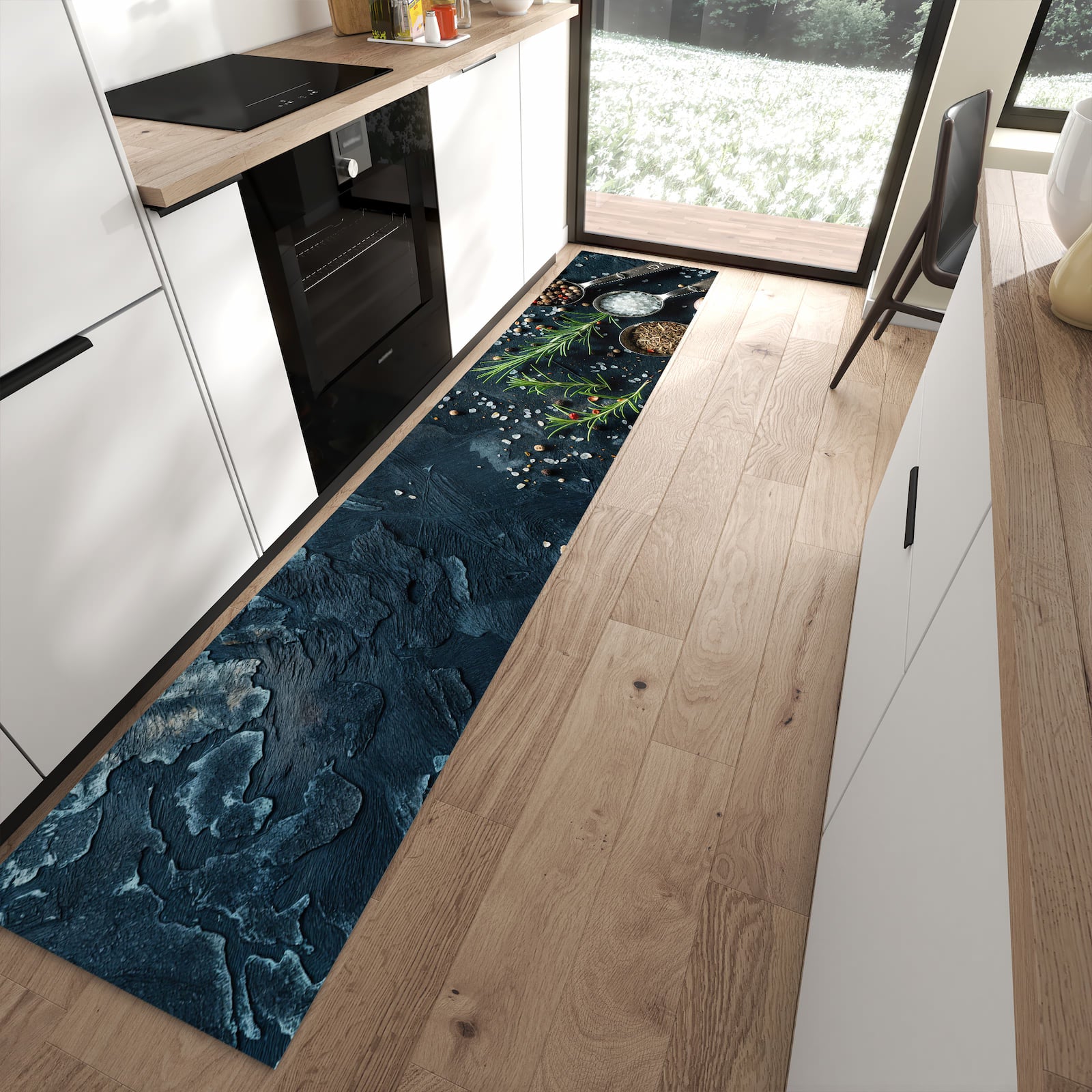 Waschbarer Küchenläufer mit Kräutersammlung-Motiv in moderner Küche, feuchtigkeitsresistent