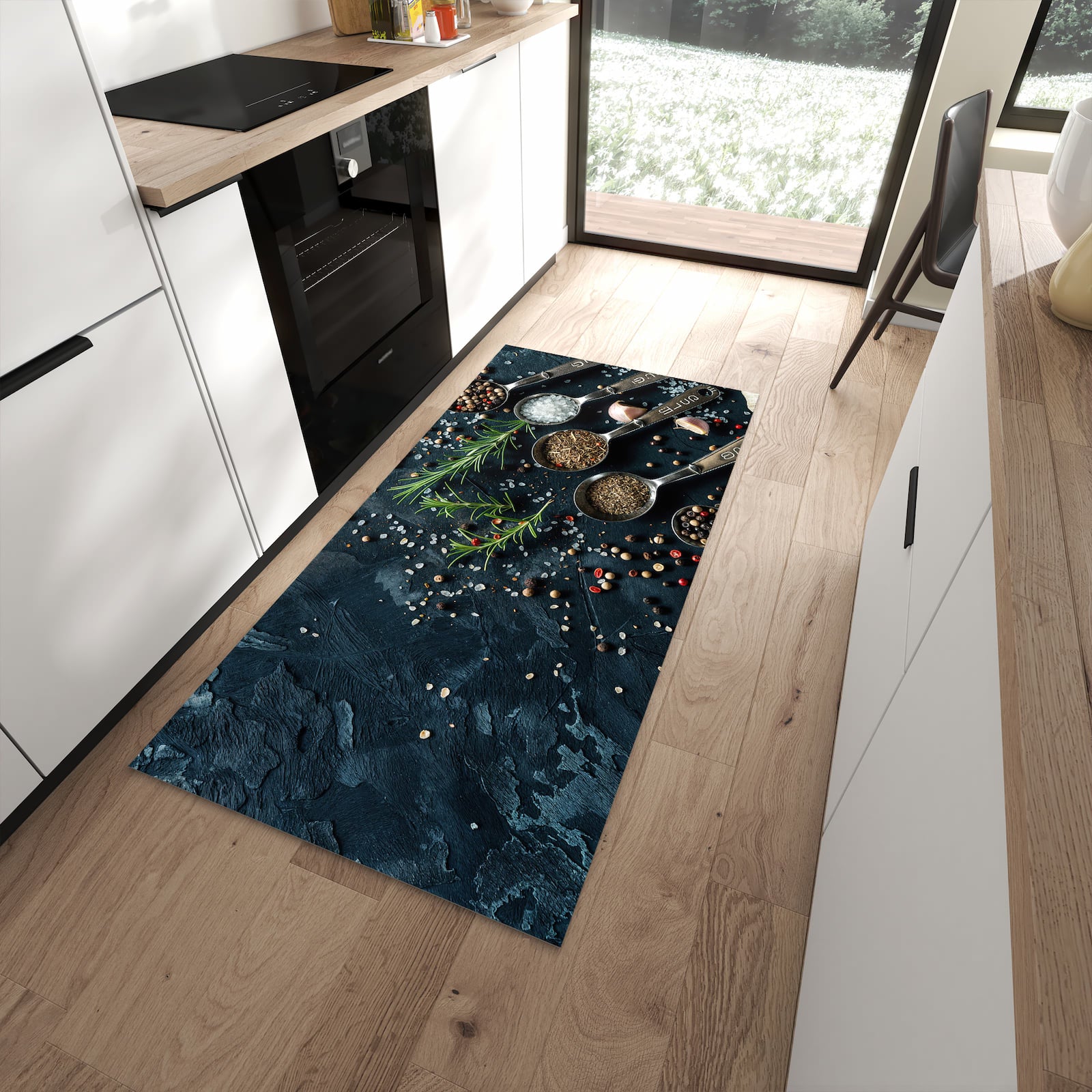 Hygienischer Küchenläufer mit Kräutersammlung-Motiv in moderner Küche