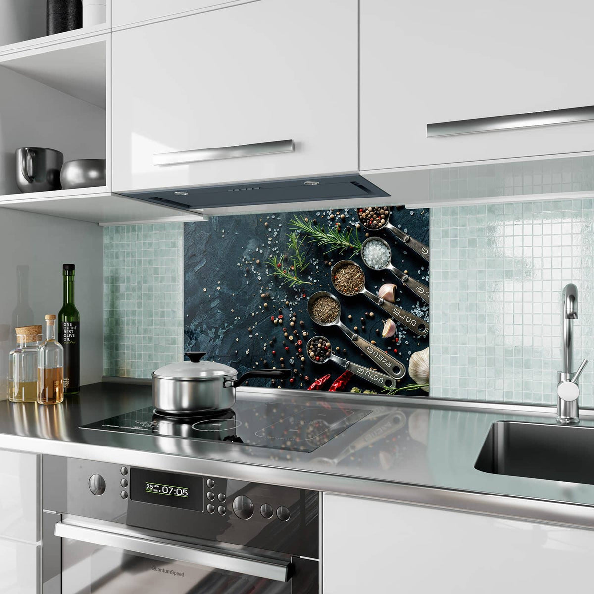 Küchenrückwand aus Glas Gewürze in Messlöffeln im Hochformat als Spritzschutz hinter dem Kochfeld, über dem Fliesenspiegel montiert
