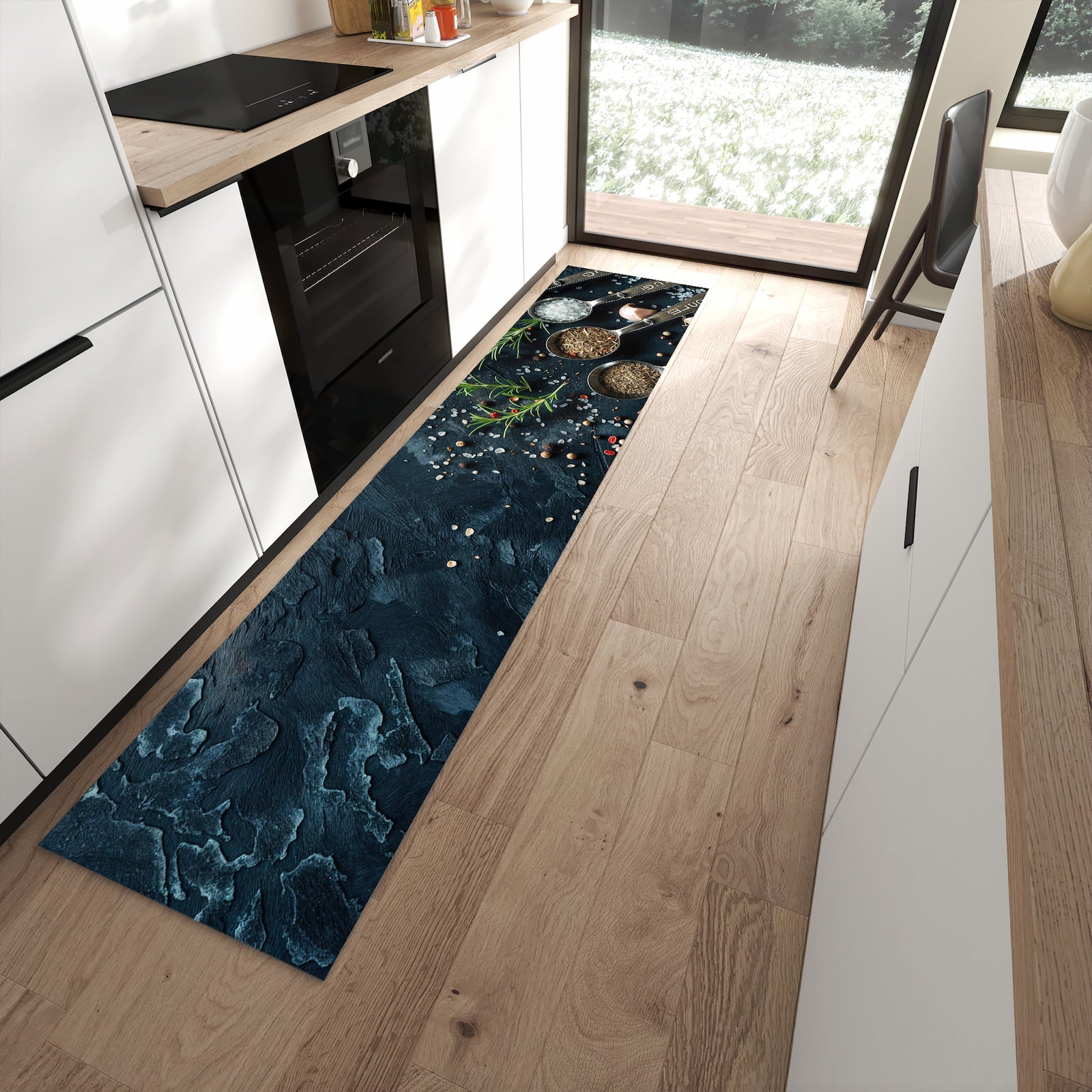 Formstabiler Küchenläufer mit Kräutersammlung-Motiv in moderner Küche