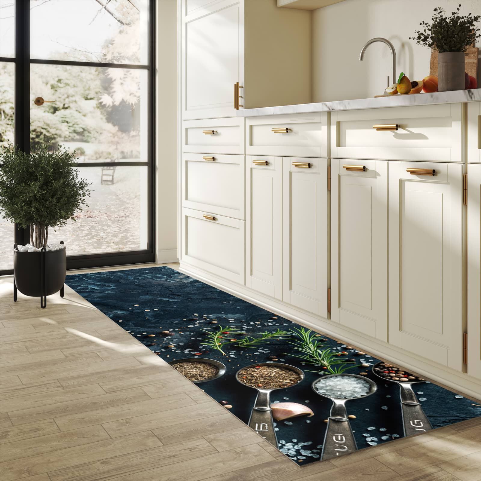 Formstabiler Küchenläufer mit Kräutersammlung-Motiv in der Küche