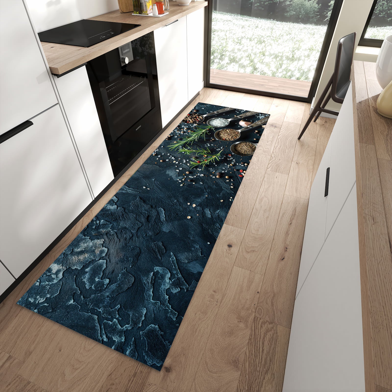 Rutschfester Küchenläufer mit Kräutersammlung-Motiv in moderner Küche, farbbeständig