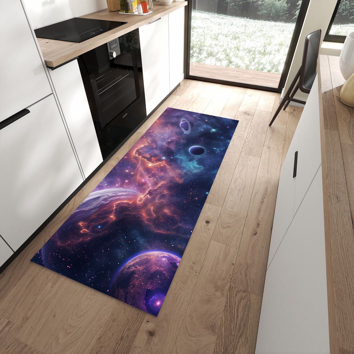 Rutschfester Küchenläufer mit Motiv Kosmisches Universum für Ordnung in moderner Küche