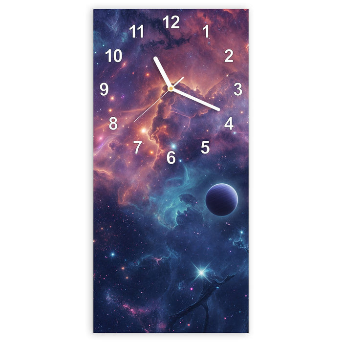 Wanduhr Kosmisches Universum aus Glas – Hochformat 30 × 60 cm mit Ziffernblatt Modern