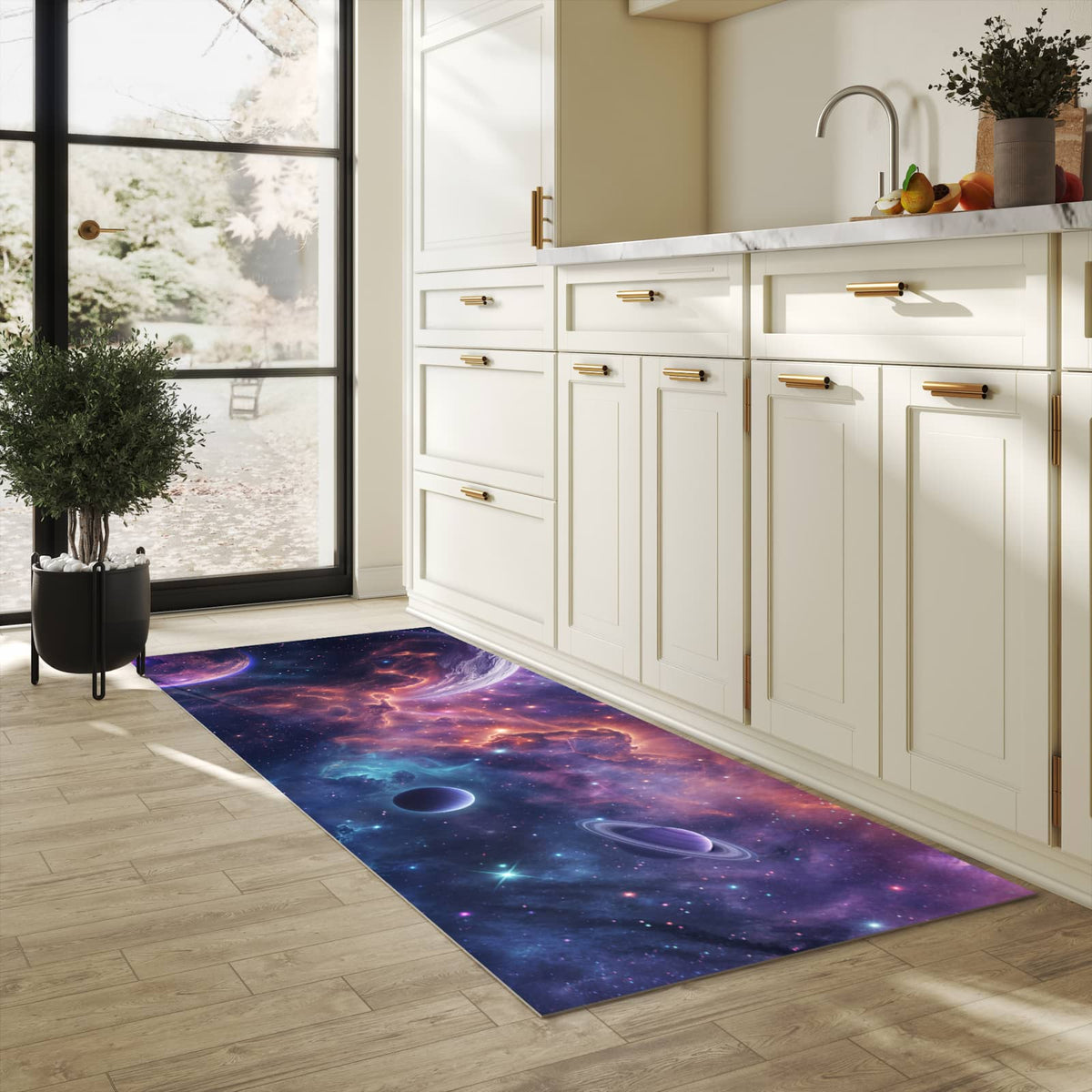 Langlebiger Küchenläufer mit Motiv Kosmisches Universum in heller Küche