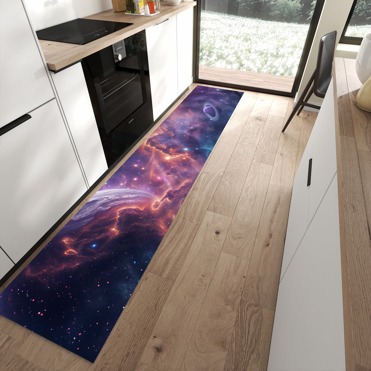 Feuchtigkeitsresistenter Küchenläufer mit Motiv Kosmisches Universum in moderner Küche