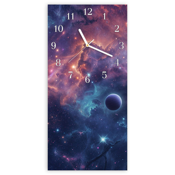 Wanduhr Kosmisches Universum aus Glas – Hochformat 30 × 60 cm mit Ziffernblatt Klassisch