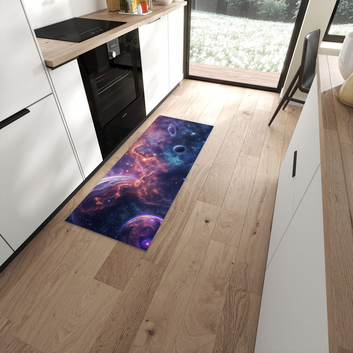 Strapazierfähiger rutschfester Küchenteppich mit Motiv Kosmisches Universum in moderner Küche #grösse_60 x 150 cm
