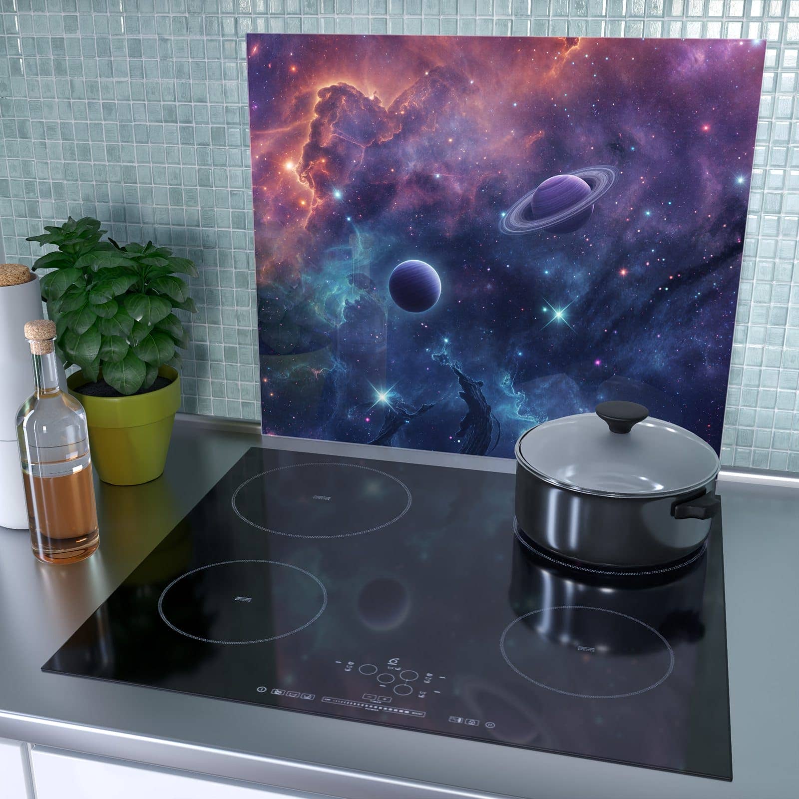 1-teilige Ceranfeld Abdeckungen mit Kosmisches Universum-Motiv als Spritzschutz hinter dem Kochfeld