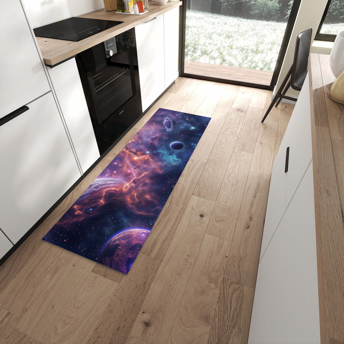 Waschbarer Küchenteppich mit Motiv Kosmisches Universum in moderner Küche