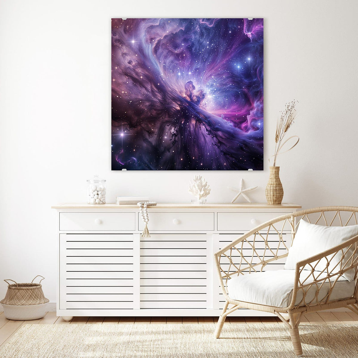 Glasbild Violetter Sternennebel an der Wand – Wirbelnder Nebel in Violett, Pink und Blau mit vielen weißen Sternen
