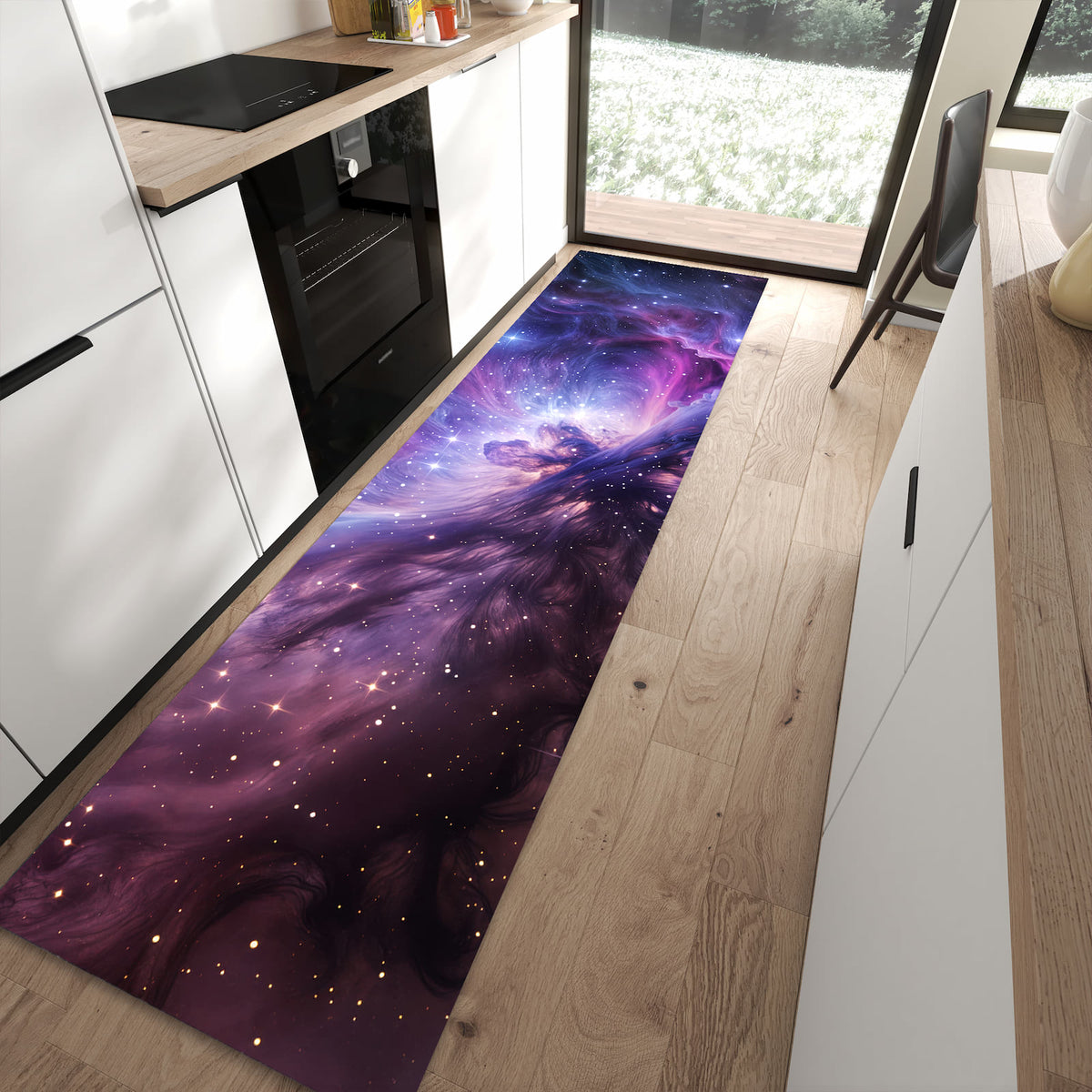 UV-beständiger dünner Teppich mit Motiv Galaktisches Leuchten in moderner Küche