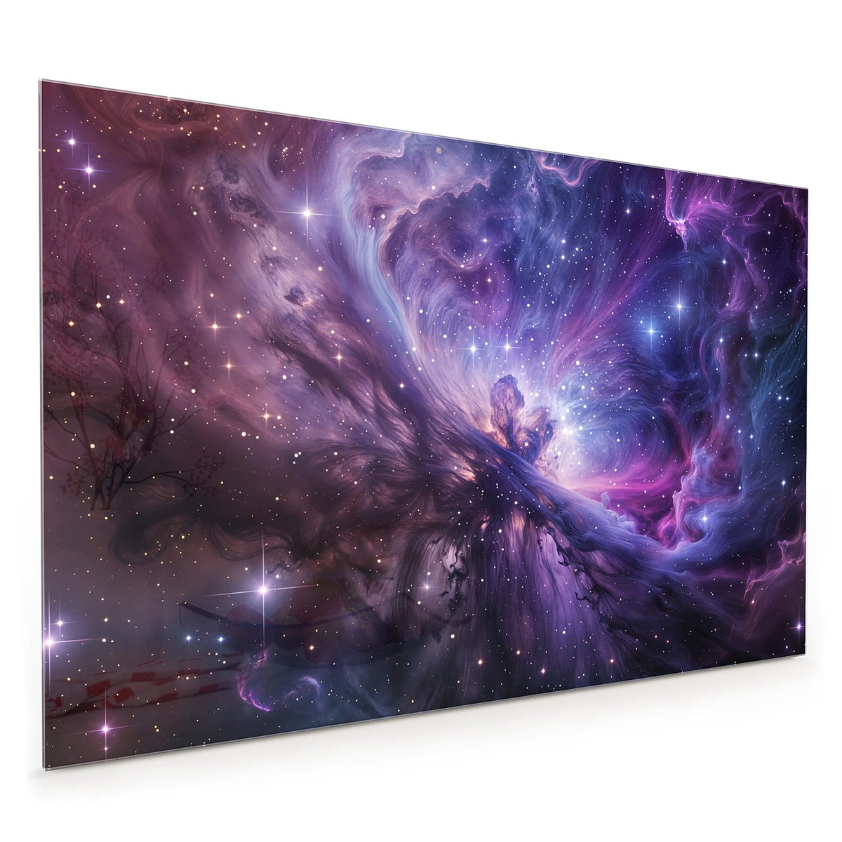 Küchenrückwand aus Glas im Hochformat: Wirbelnder Nebel in Violett, Pink und Blau mit vielen weißen Sternen