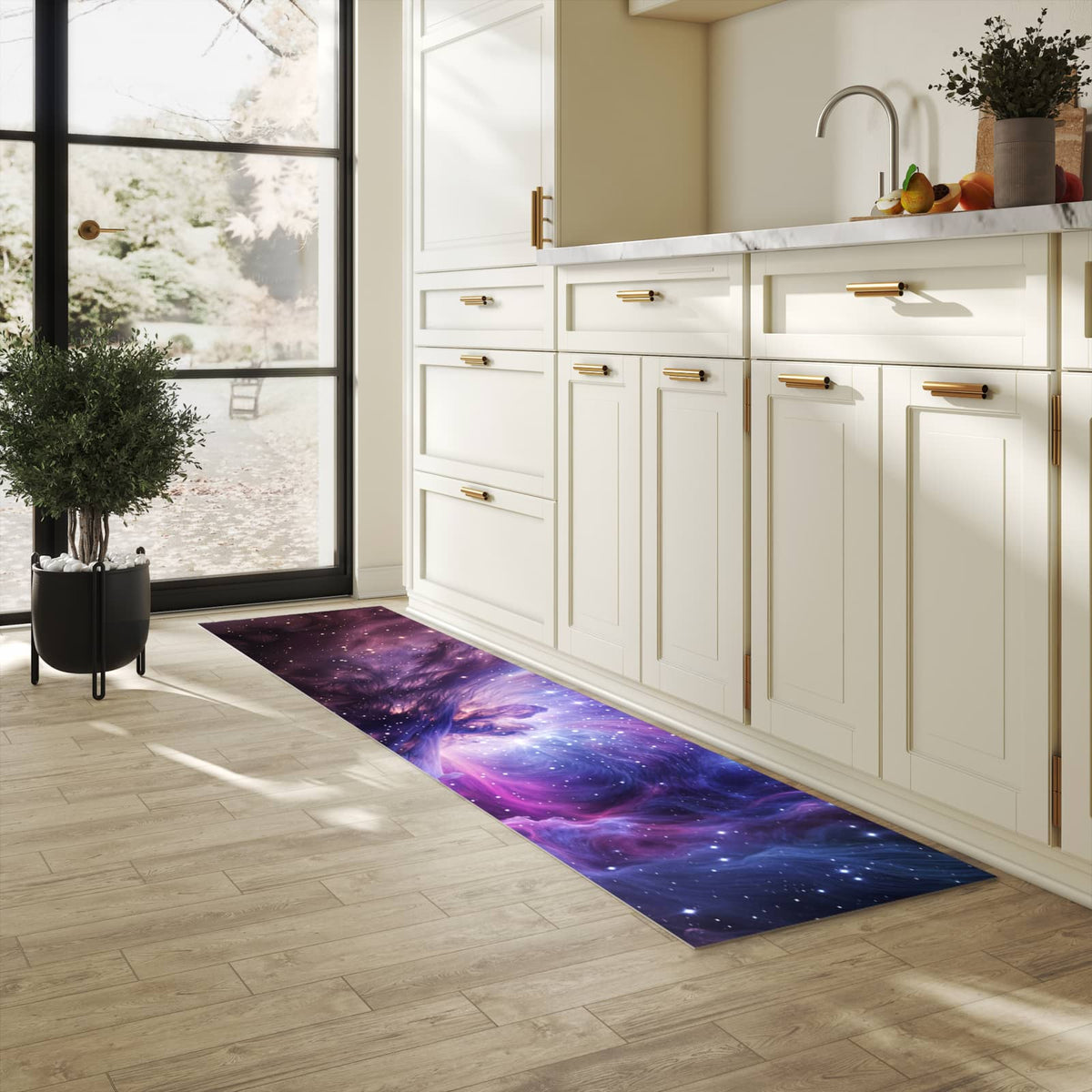Bodenschonender Küchenteppich mit Motiv Galaktisches Leuchten in heller Küche