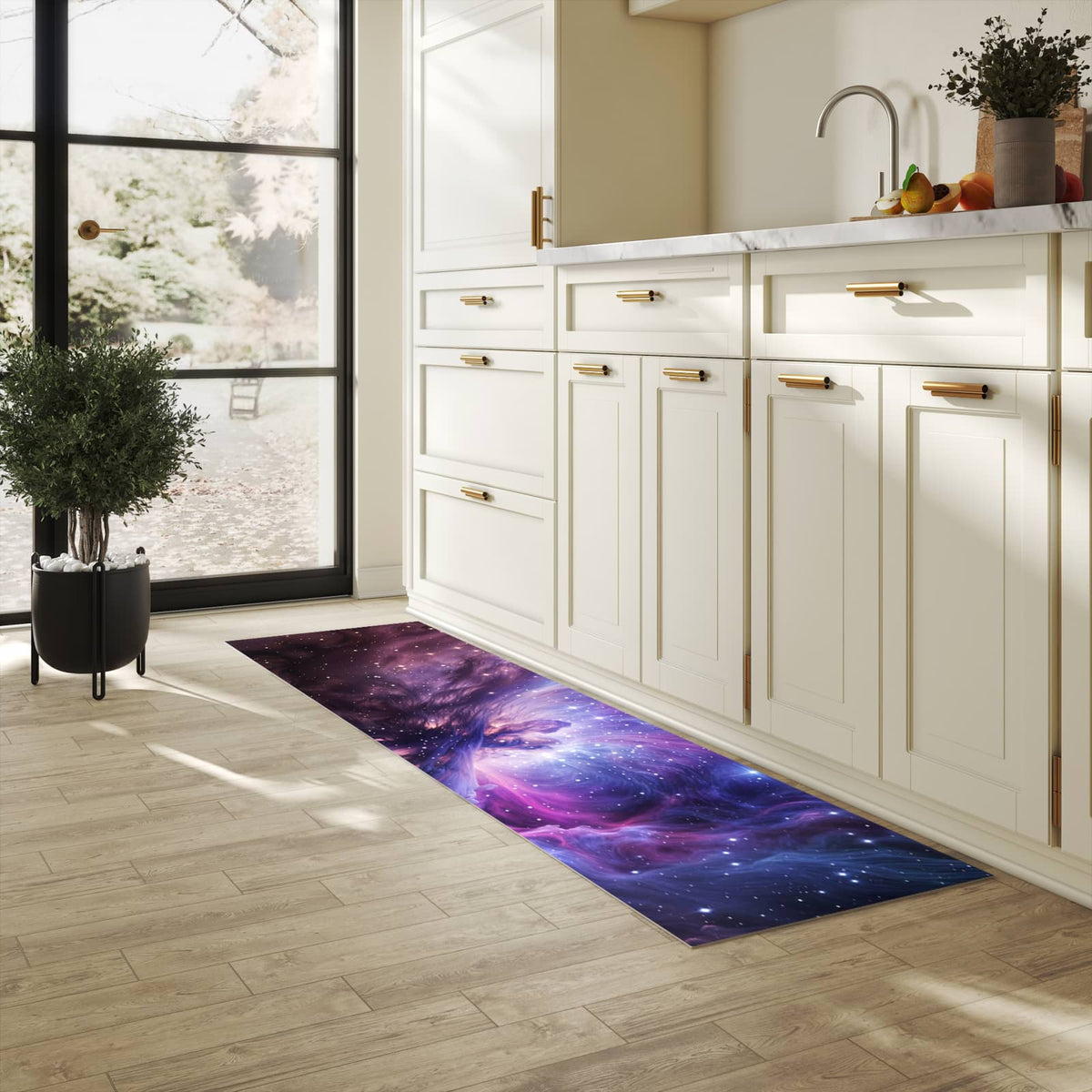 Feuchtigkeitsresistenter Küchenteppich mit Motiv Galaktisches Leuchten in heller Küche